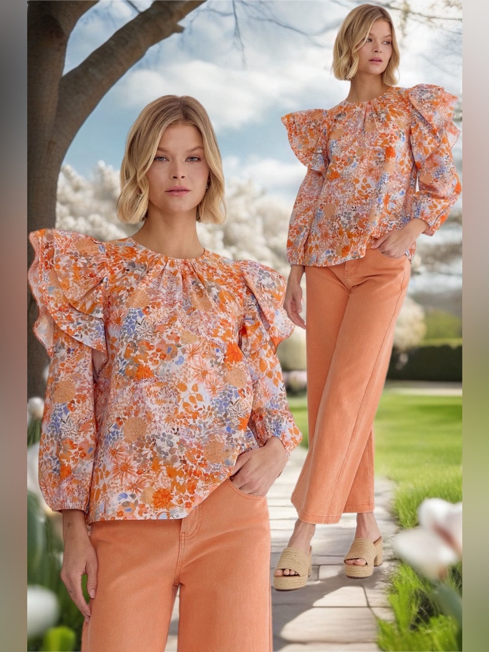 Entro Cressida Ruffled Long Sleeve Blouse Vintage Floral Print Cotton New Large